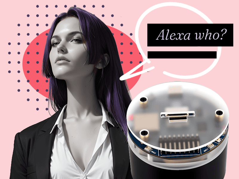 Young professional with long purple hair next to an ESP-32 board say "Alexa who?"